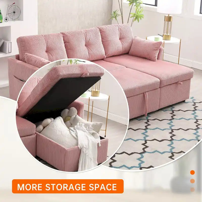 Divano Sezionale a L con Chaise Reversibile, Rivestimento in Velluto a Coste/Ciniglia, con Bracciolo Portaoggetti e Tasca Laterale