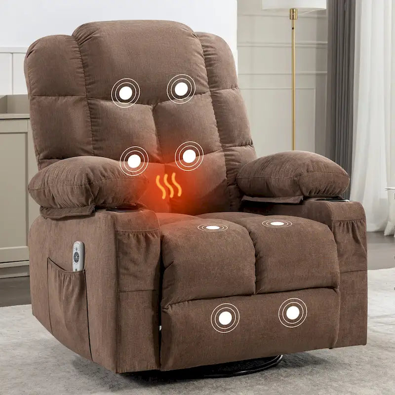 Poltrona reclinabile oversize grigia con calore e massaggio, reclinazione a 150°, oscillazione a 30°, ricarica USB e 2 portabicchieri