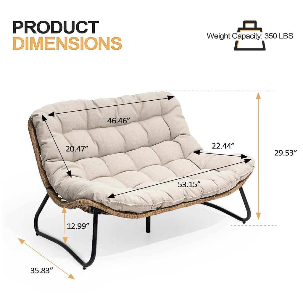 Divanetto due posti Double Papasan con cuscino, in rattan PE per tutte le stagioni e struttura in metallo per interni ed esterni