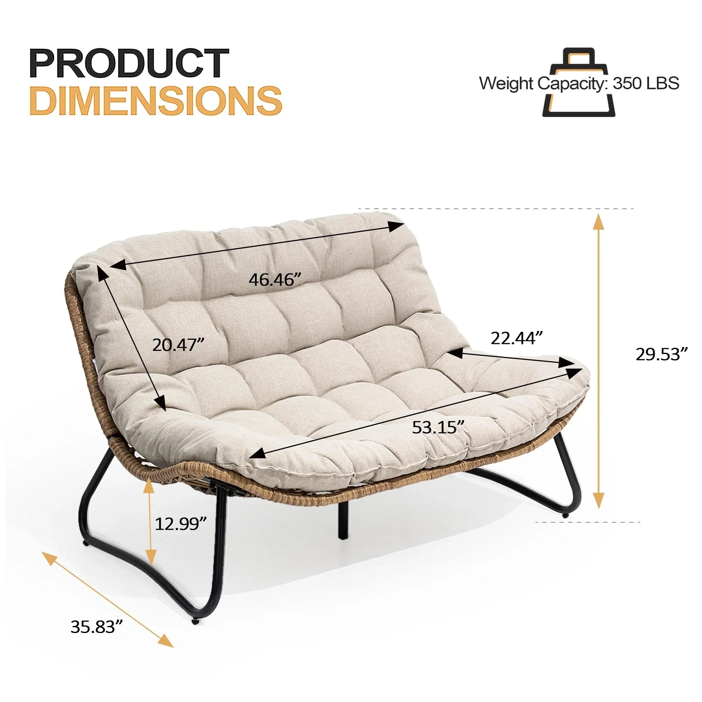 Divanetto due posti Double Papasan con cuscino, in rattan PE per tutte le stagioni e struttura in metallo per interni ed esterni