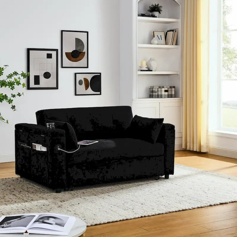 Divano Letto Estraibile 54", Divano Reclinabile 2 Posti con Contenitore, Cuscino Lombare, Presa USB