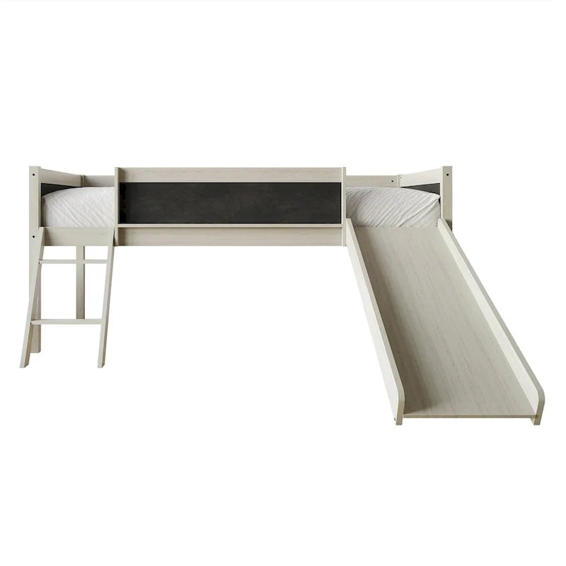 Letto a soppalco basso classico singolo CraftPorch con lavagna, scivolo e scaletta