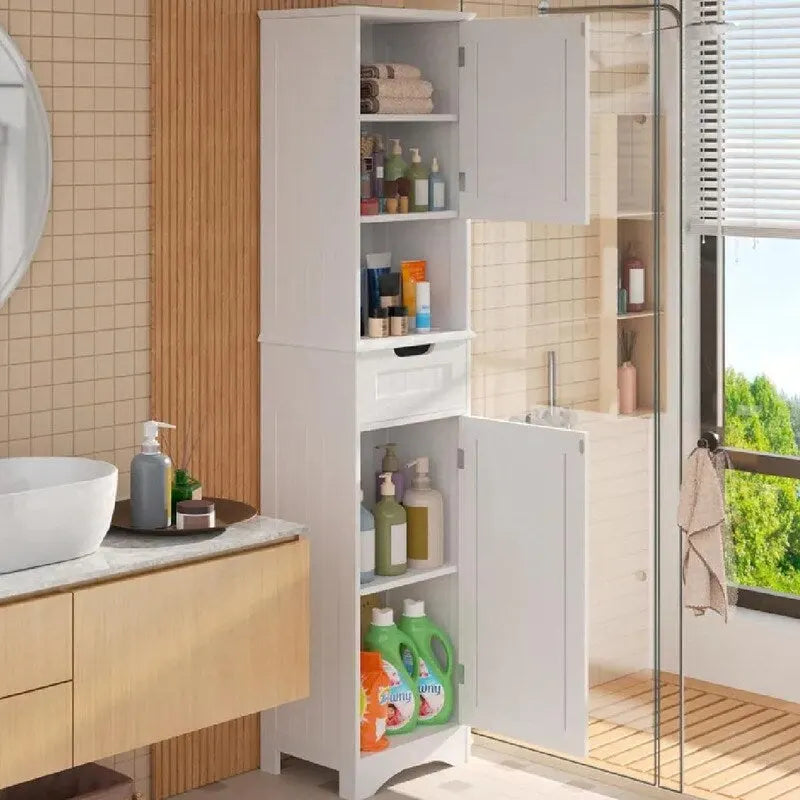 Mobile bagno alto 67 H, Armadietto portabiancheria stretto, Mobiletto contenitore con 2 ante e cassetto