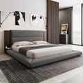 Letto imbottito King Gray Floor a basso profilo con testiera estesa in legno, mensole comodino integrate