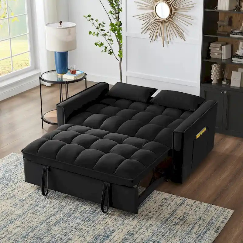 Divano letto a due posti 4 in 1 con braccioli e tasche portaoggetti, divano letto estraibile multifunzionale trapuntato con schienale regolabile