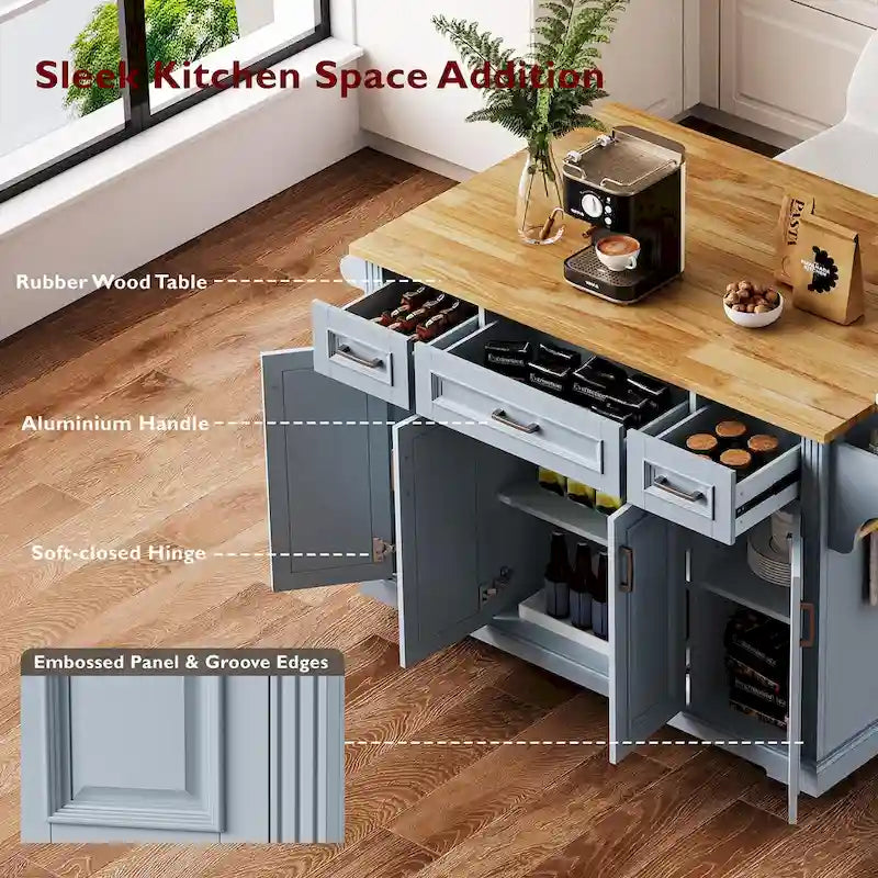 54 - Grande isola cucina con anta a ribalta in legno di gomma, carrello da cucina scorrevole con texture in rilievo su 4 ruote con 4 ante e 3 cassetti