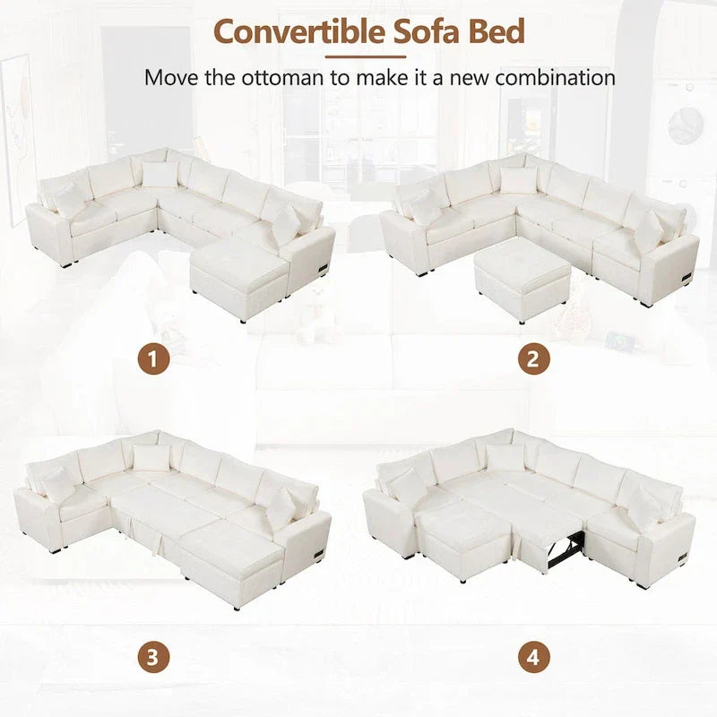 Divano sezionale in ciniglia con letto estraibile, divano letto a L con pouf contenitore, 3 cuscini e dispositivi di ricarica