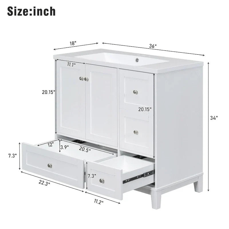 Mobile bagno da 36 pollici con ricarica USB, lavabo in resina, telaio in legno massello, 3 cassetti contenitori