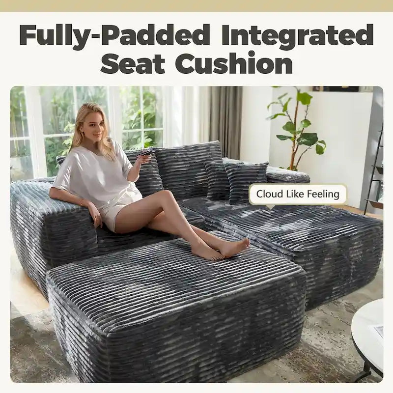 Divano componibile moderno HOOOWOOO in peluche a L con pouf rimovibile