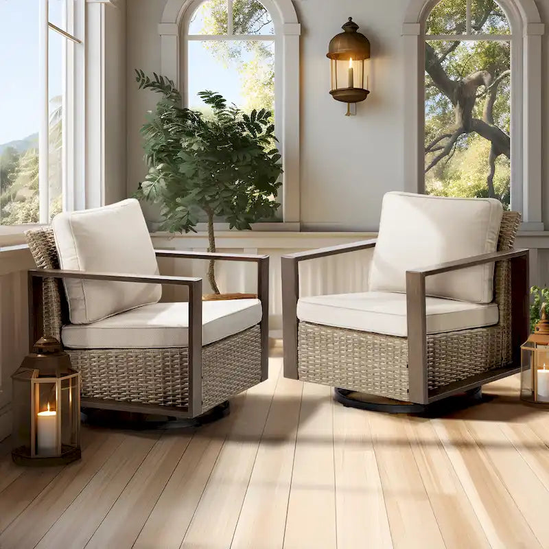 Cozywor Set 2 Sedie a Dondolo da Esterno in Rattan per Patio con Telaio in Metallo e Cuscini