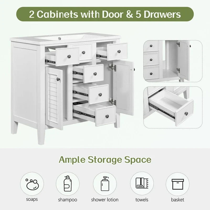 Mobile bagno con lavabo in ceramica, due ante e cinque cassetti