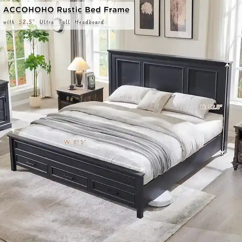 Struttura Letto Matrimoniale King Size in Legno Stile Rustico con Testiera, Base a Piattaforma