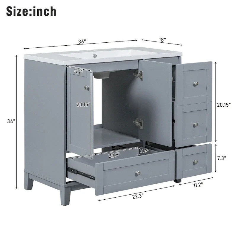 Mobile bagno da 36 pollici con ricarica USB, lavabo in resina, telaio in legno massello, 3 cassetti contenitori