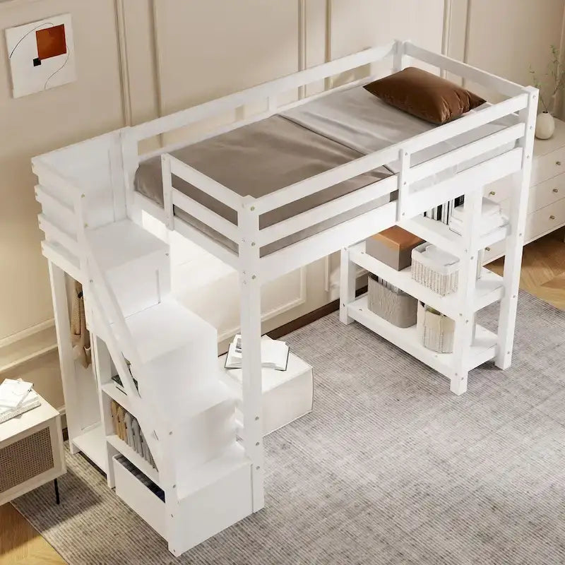 Letto a soppalco singolo/matrimoniale con scala contenitore - Ripiani, armadio e luce LED, design salvaspazio