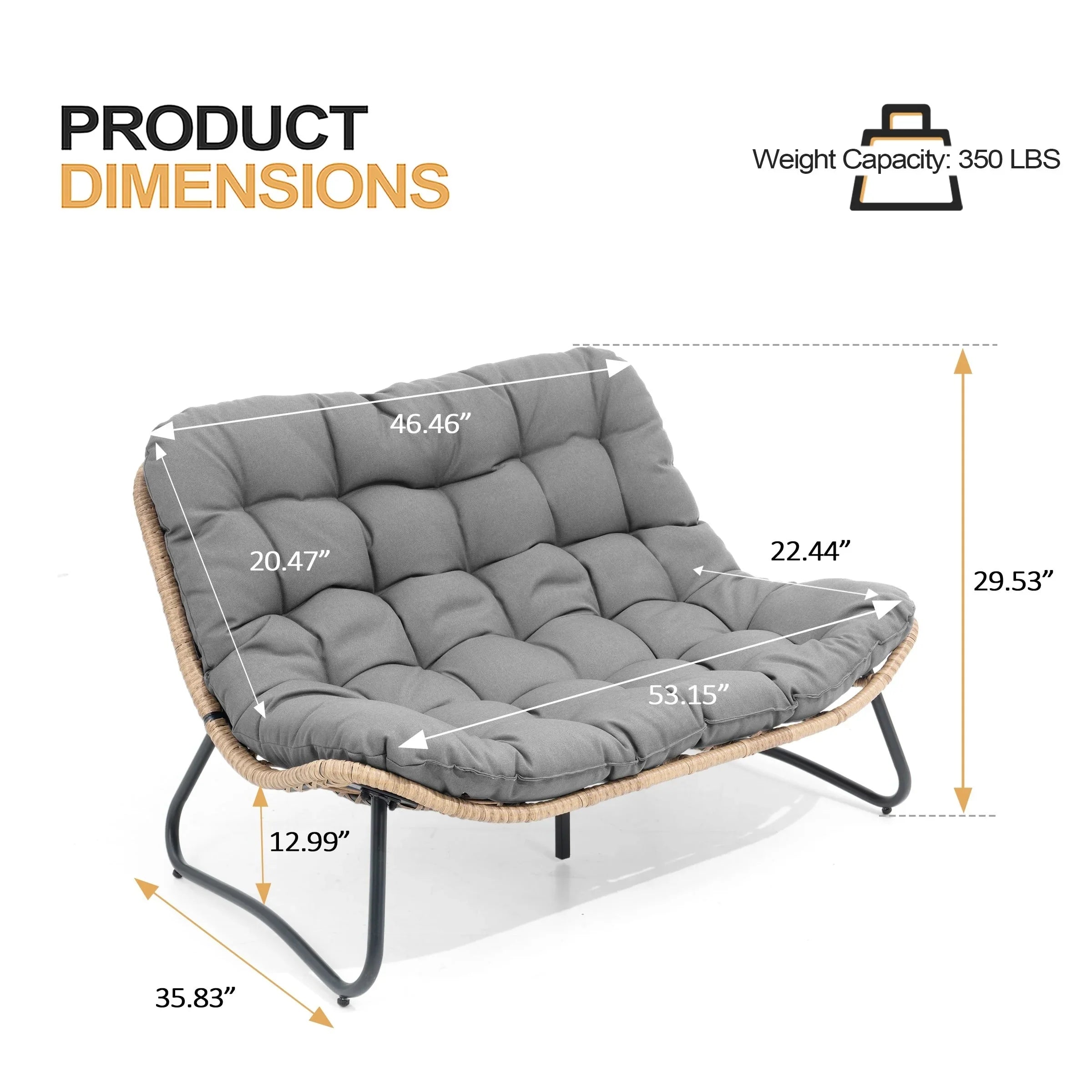 Divanetto due posti Double Papasan con cuscino, in rattan PE per tutte le stagioni e struttura in metallo per interni ed esterni