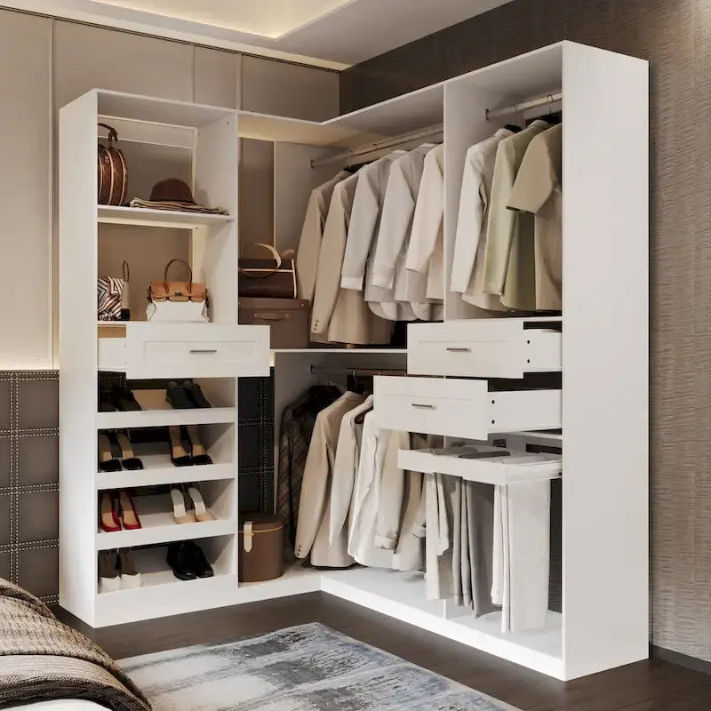 Armadio ad angolo con 2 aste appendiabiti, porta pantaloni e scarpiera, Organizer Armadi
