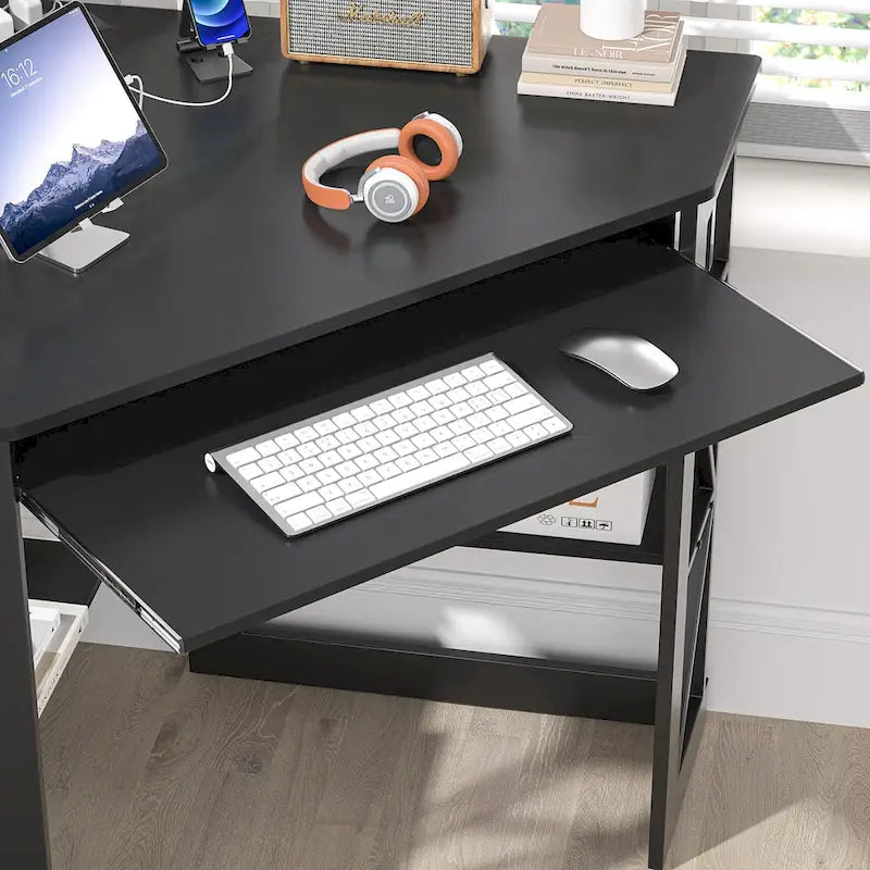 Scrivania ad angolo Scrivania piccola con prese Tavolo ad angolo per piccoli spazi, Scrivania per computer con porte USB Scrivania triangolare con contenitore