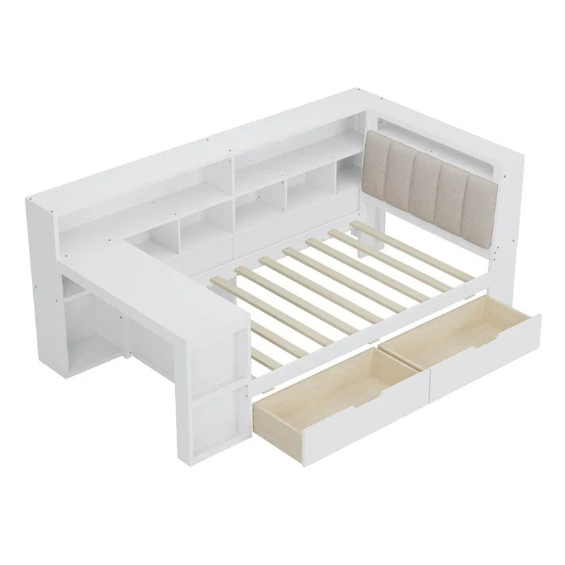 Divano Letto a "L" in Legno con Scrivania, Mobile Libreria, Letto Angolare con Cassetti Sottostanti, Testiera Imbottita con Luce Integrata