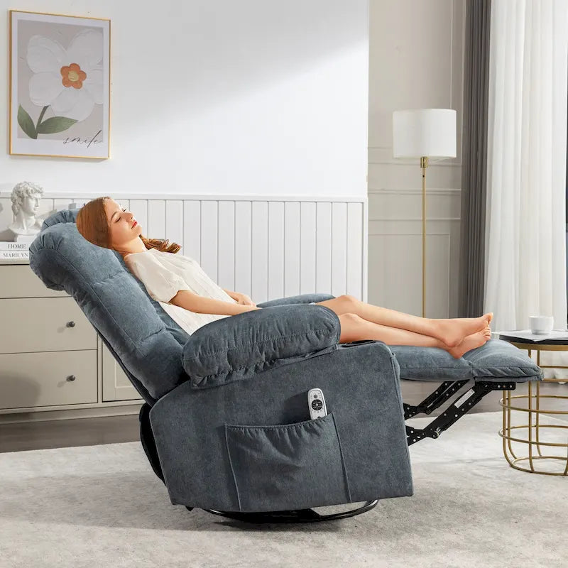 Poltrona reclinabile oversize grigia con calore e massaggio, reclinazione a 150°, oscillazione a 30°, ricarica USB e 2 portabicchieri