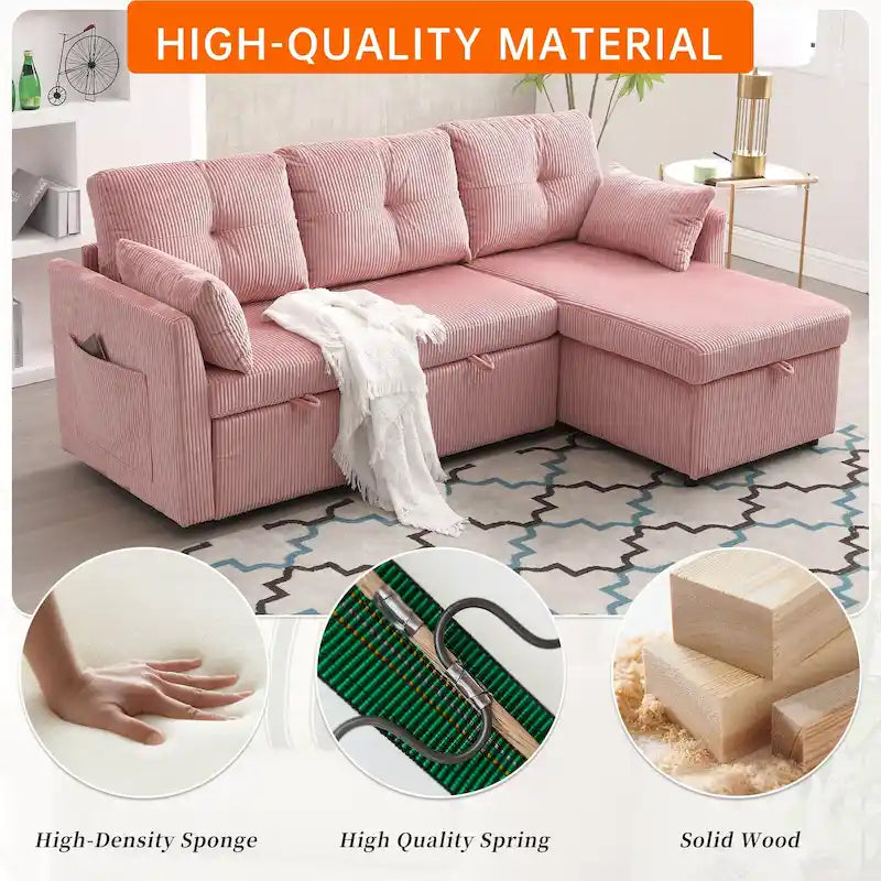 Divano Sezionale a L con Chaise Reversibile, Rivestimento in Velluto a Coste/Ciniglia, con Bracciolo Portaoggetti e Tasca Laterale