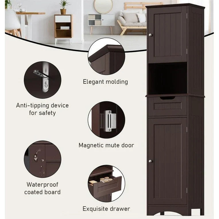 Mobile bagno alto 67 H, Armadietto portabiancheria stretto, Mobiletto contenitore con 2 ante e cassetto