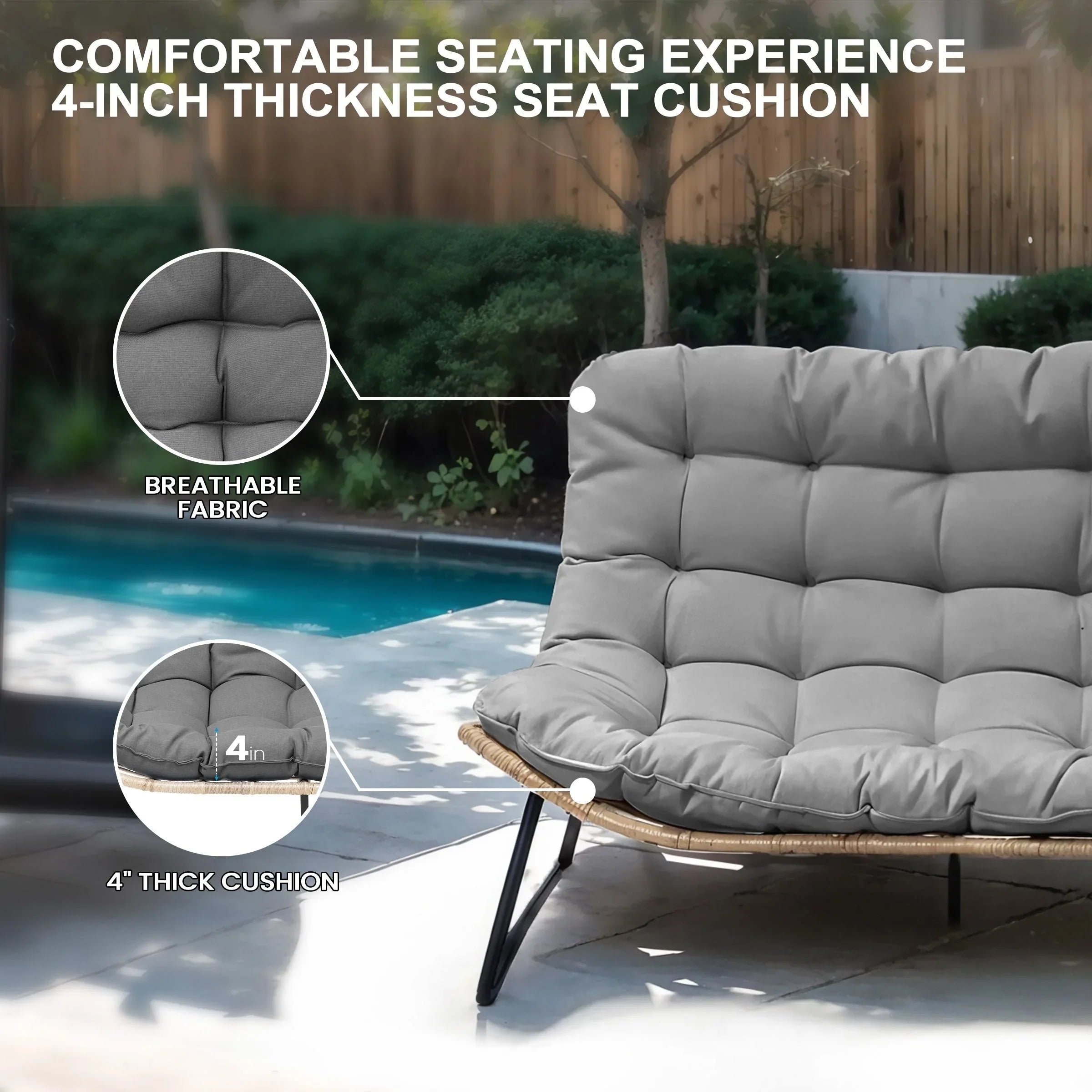 Divanetto due posti Double Papasan con cuscino, in rattan PE per tutte le stagioni e struttura in metallo per interni ed esterni