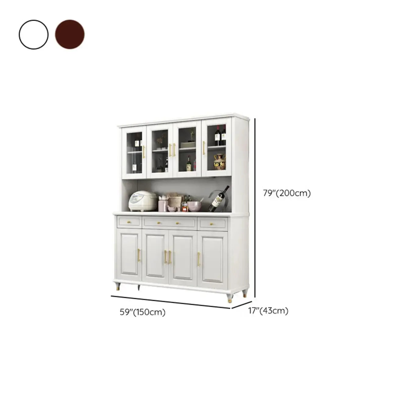 Cucina in legno, credenza bianca, portabottiglie integrato