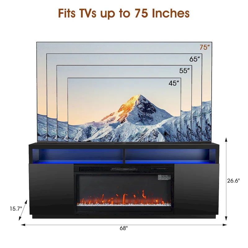 68 moderni mobili TV con camino elettrico RGB neri per televisori fino a 72 pollici