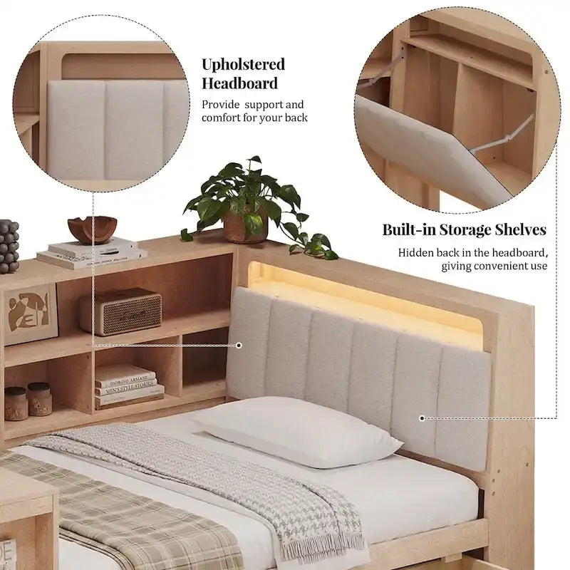 Divano Letto a "L" in Legno con Scrivania, Mobile Libreria, Letto Angolare con Cassetti Sottostanti, Testiera Imbottita con Luce Integrata