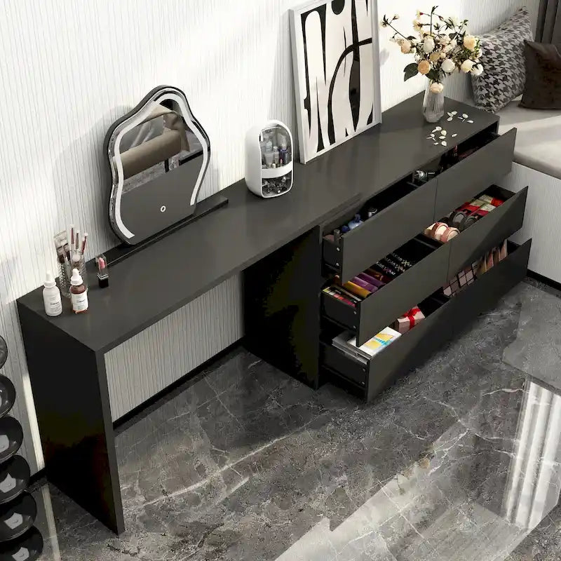Cassettiera e Scrivania Girevole a 32,7H, con 6 Cassetti, Tavolo da Trucco, Bianco/Nero
