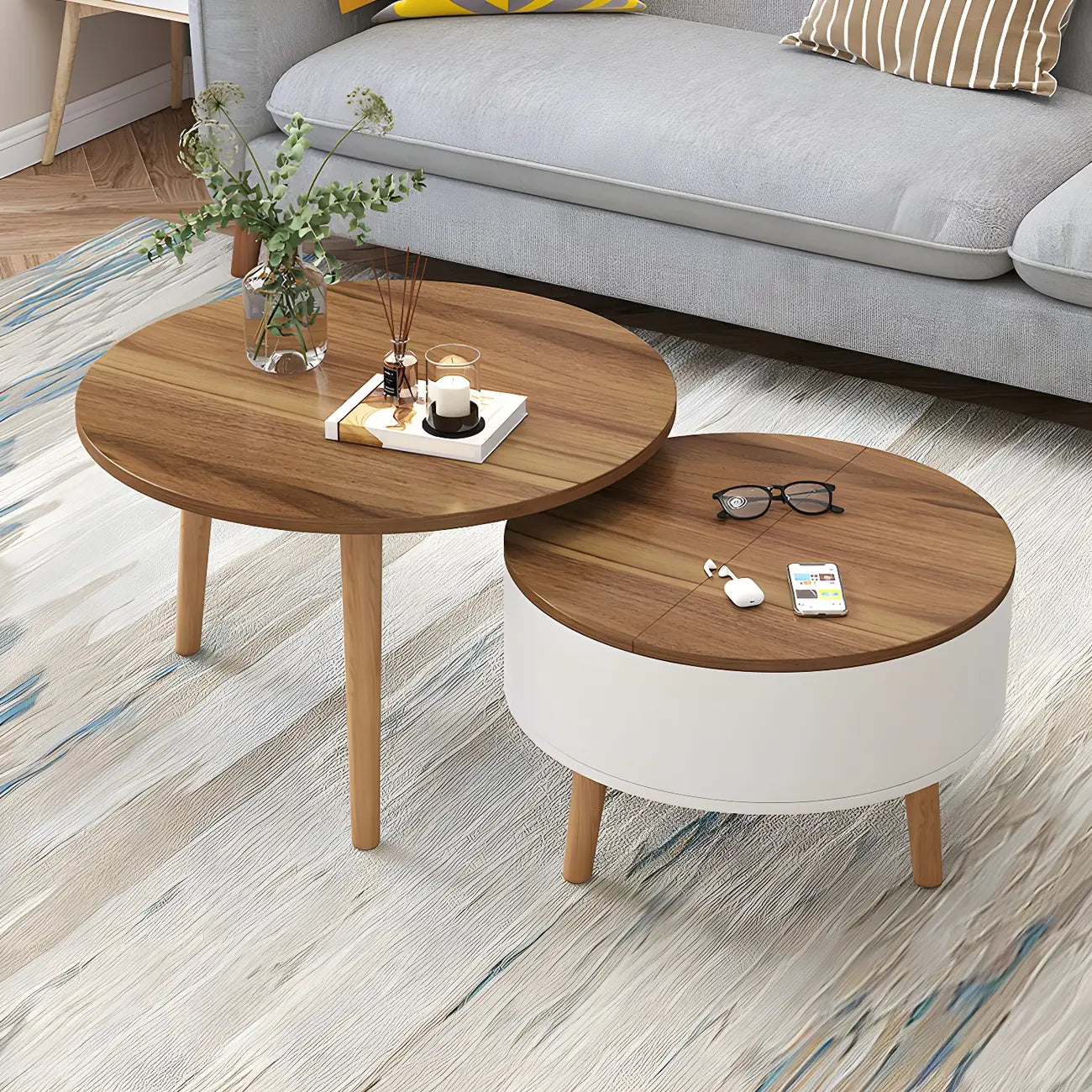 Tavolino da caffè rotondo moderno in legno bianco e nero con contenitore