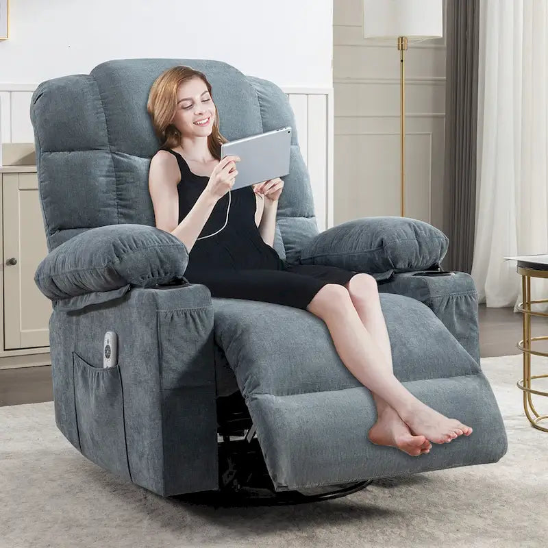 Poltrona reclinabile oversize grigia con calore e massaggio, reclinazione a 150°, oscillazione a 30°, ricarica USB e 2 portabicchieri