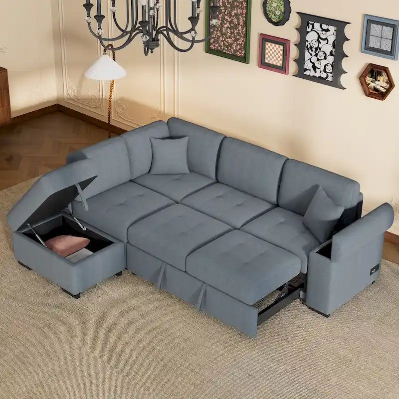 Divano sezionale a L a 5 posti con funzione letto, con pouf contenitore, vano contenitore nel bracciolo e ricarica USB per soggiorno, 84,75 pollici