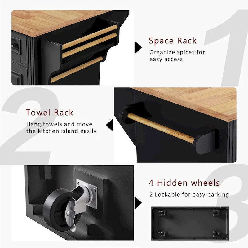 54 - Grande isola cucina con anta a ribalta in legno di gomma, carrello da cucina scorrevole con texture in rilievo su 4 ruote con 4 ante e 3 cassetti