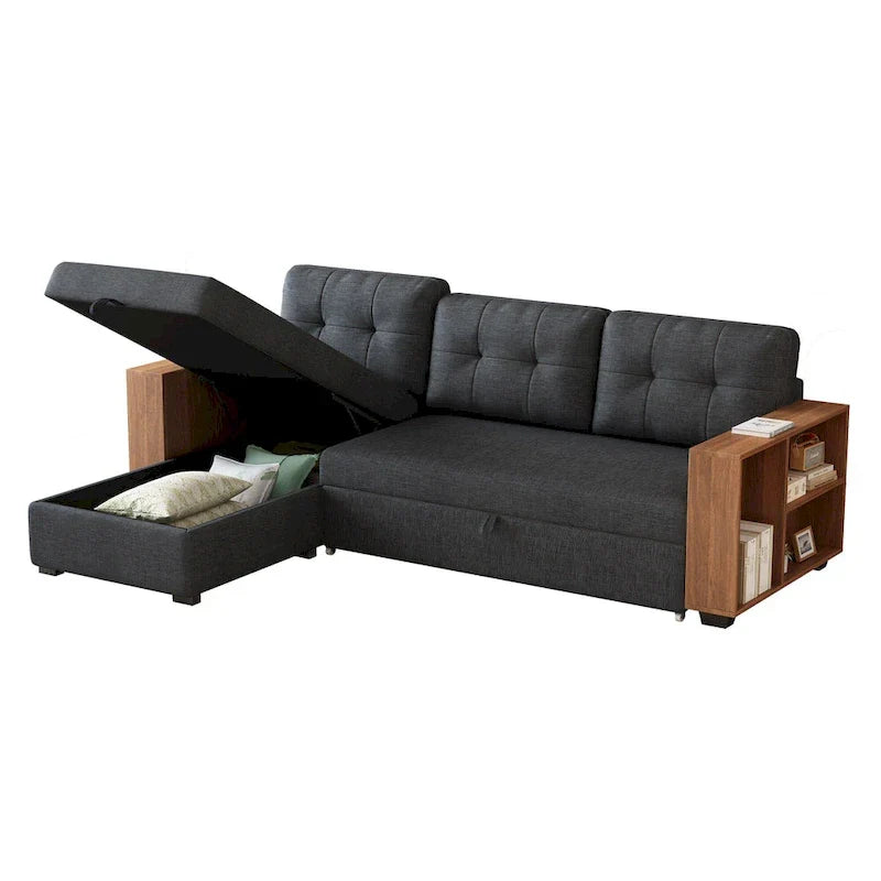 Divano Sezionale Convertibile con Letto Estraibile e Chaise Longue Contenitore Nascosto