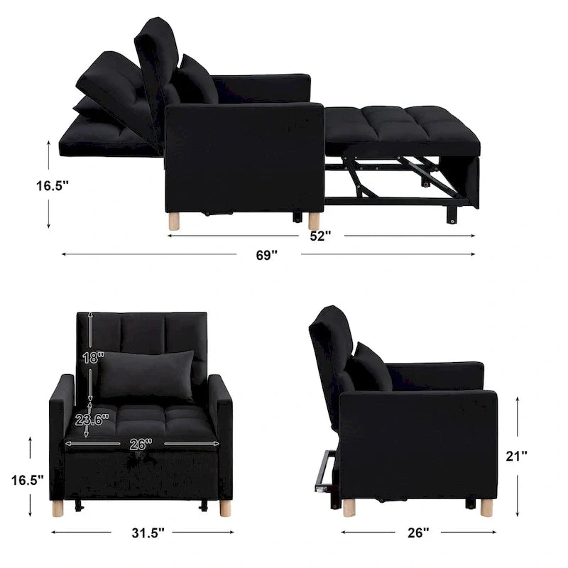 Divano letto 3 in 1 convertibile, poltrona e lettino, nero