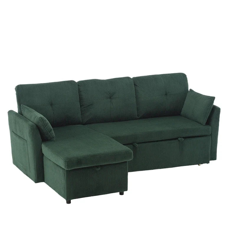 Divano Sezionale a L con Chaise Reversibile, Rivestimento in Velluto a Coste/Ciniglia, con Bracciolo Portaoggetti e Tasca Laterale
