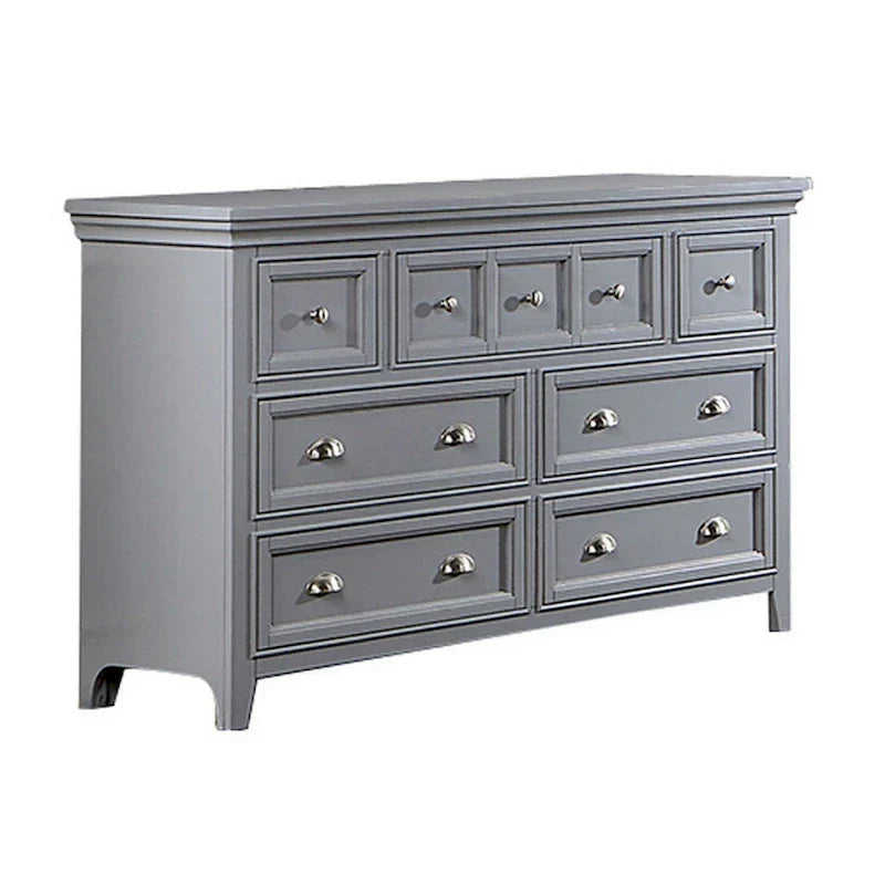 Cassettiera Cile da 56 pollici, 7 cassetti scorrevoli, legno grigio, maniglie rotonde in nichel