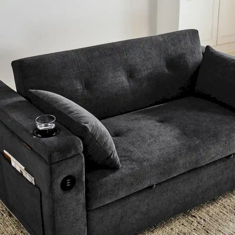 Divano Letto Estraibile 54", Divano Reclinabile 2 Posti con Contenitore, Cuscino Lombare, Presa USB