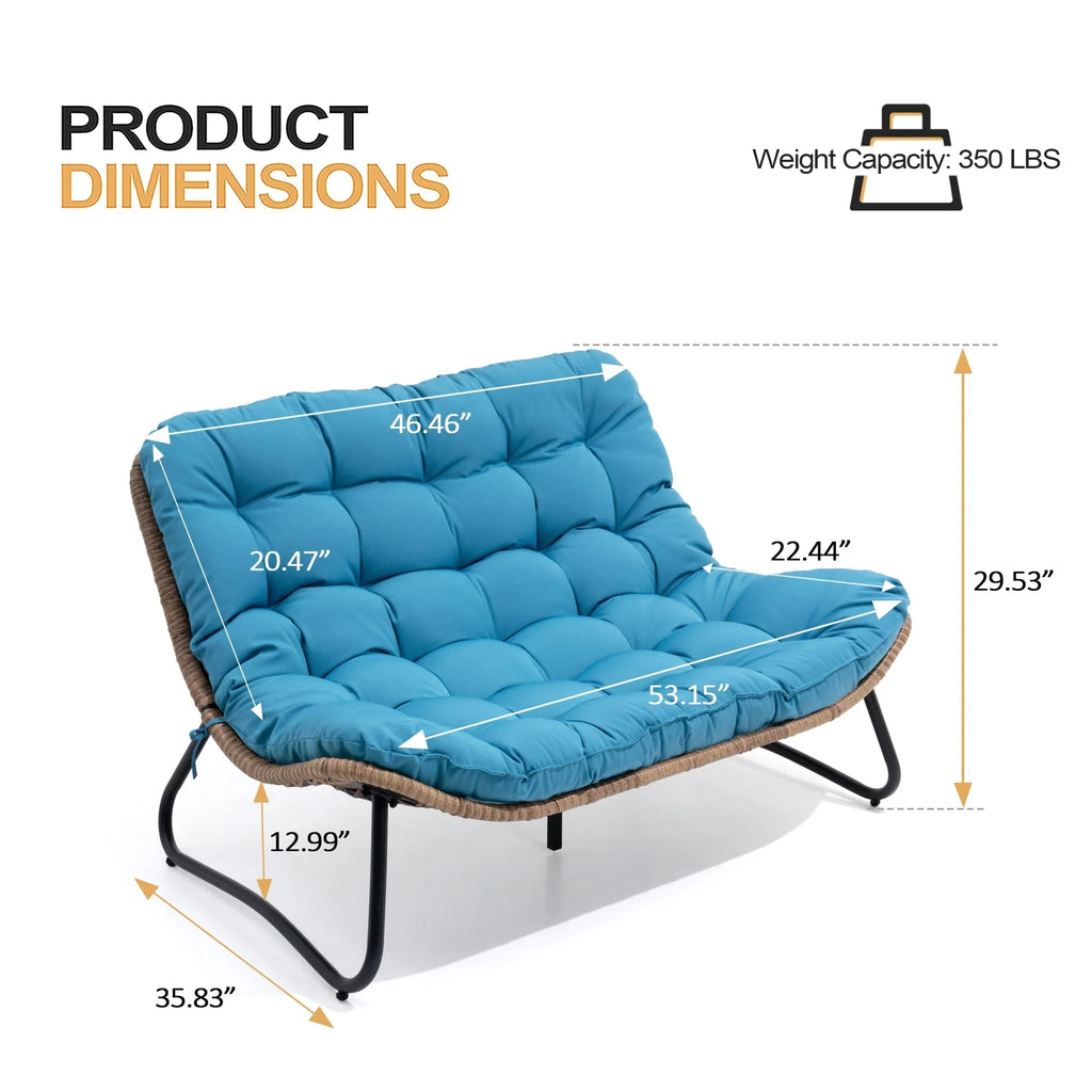 Divanetto due posti Double Papasan con cuscino, in rattan PE per tutte le stagioni e struttura in metallo per interni ed esterni