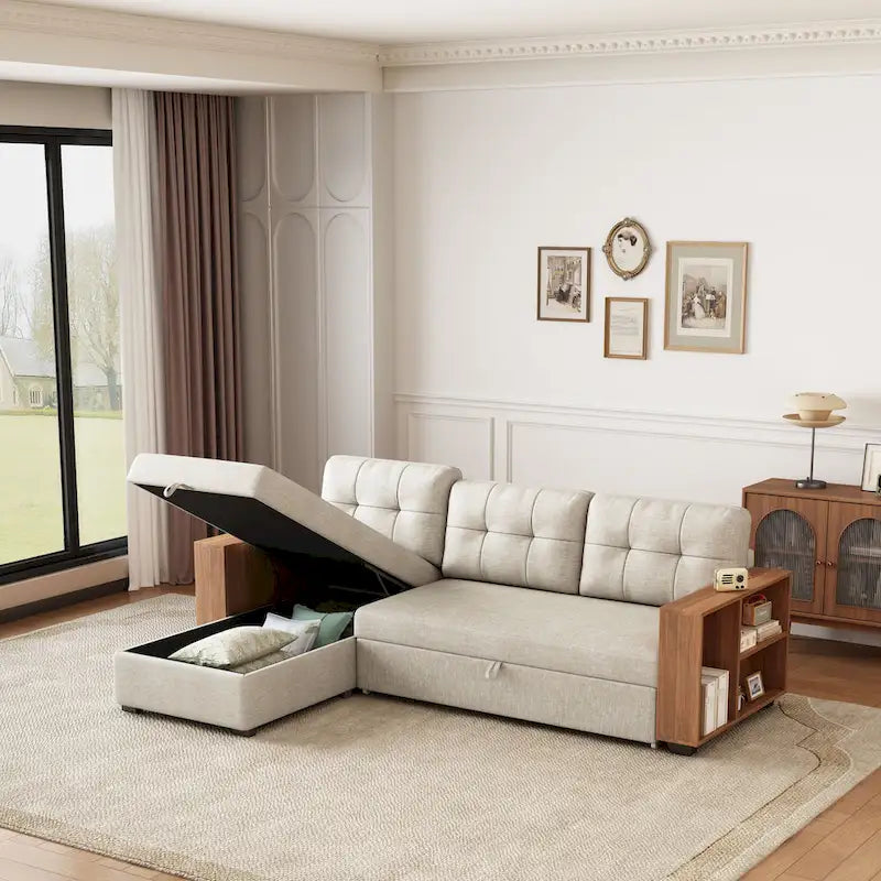 Divano Sezionale Convertibile con Letto Estraibile e Chaise Longue Contenitore Nascosto