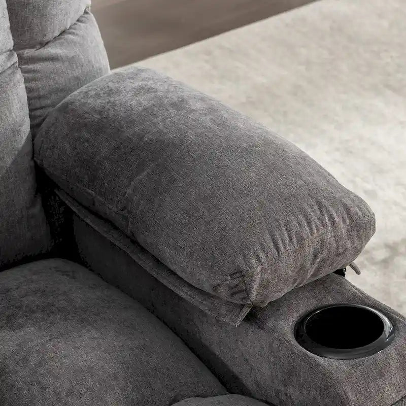Poltrona reclinabile oversize grigia con calore e massaggio, reclinazione a 150°, oscillazione a 30°, ricarica USB e 2 portabicchieri
