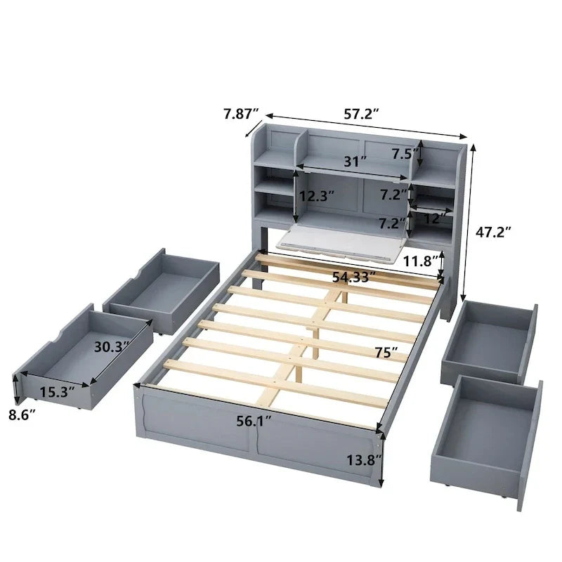 Struttura letto con 4 cassetti contenitore portatili sotto il letto