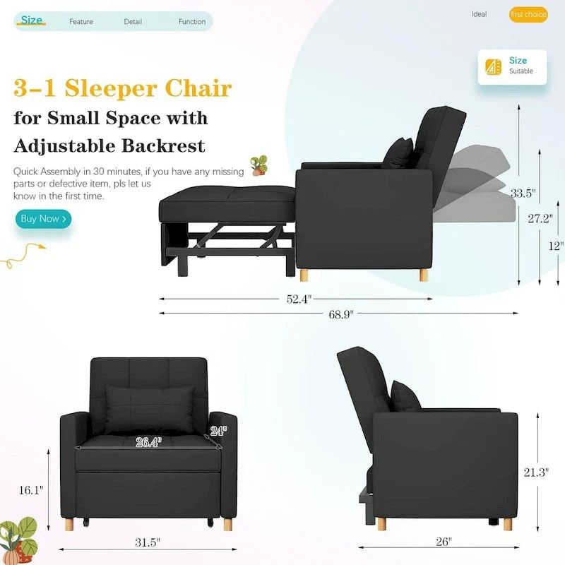 AECOJOY Poltrona Letto 3 in 1 con Cuscino e Schienale Convertibile