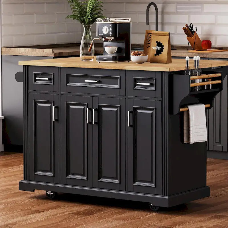 54 - Grande isola cucina con anta a ribalta in legno di gomma, carrello da cucina scorrevole con texture in rilievo su 4 ruote con 4 ante e 3 cassetti
