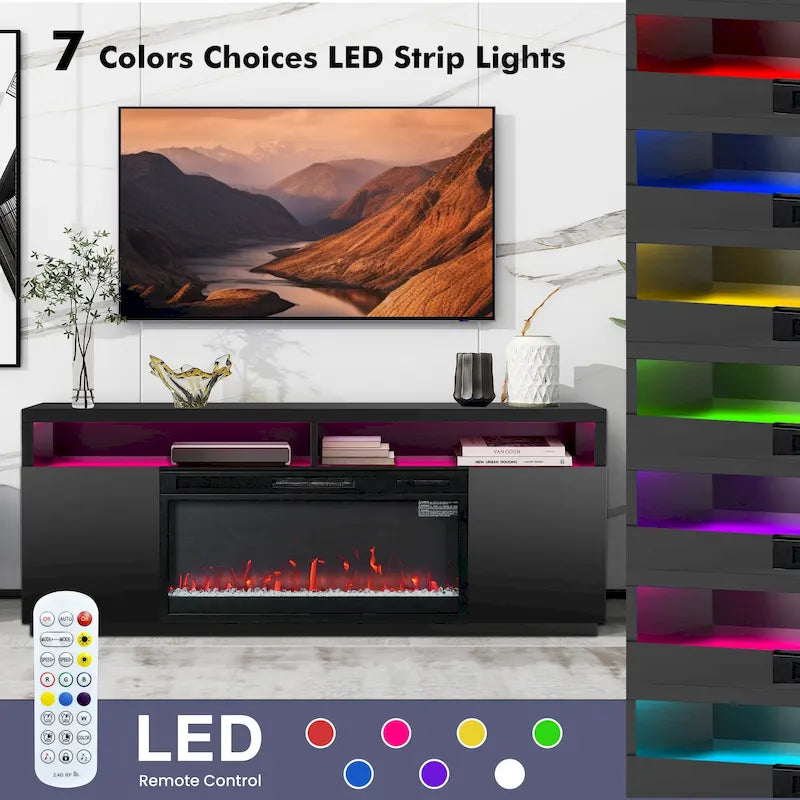 68 moderni mobili TV con camino elettrico RGB neri per televisori fino a 72 pollici