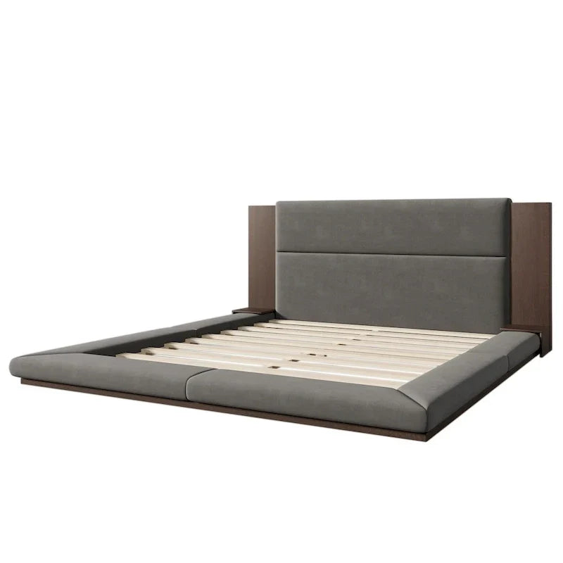 Letto imbottito King Gray Floor a basso profilo con testiera estesa in legno, mensole comodino integrate
