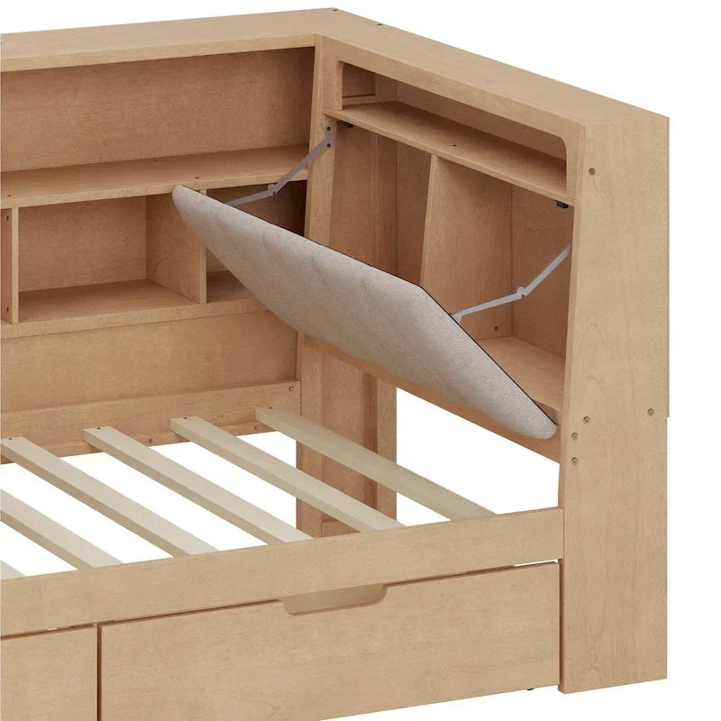 Divano Letto a "L" in Legno con Scrivania, Mobile Libreria, Letto Angolare con Cassetti Sottostanti, Testiera Imbottita con Luce Integrata