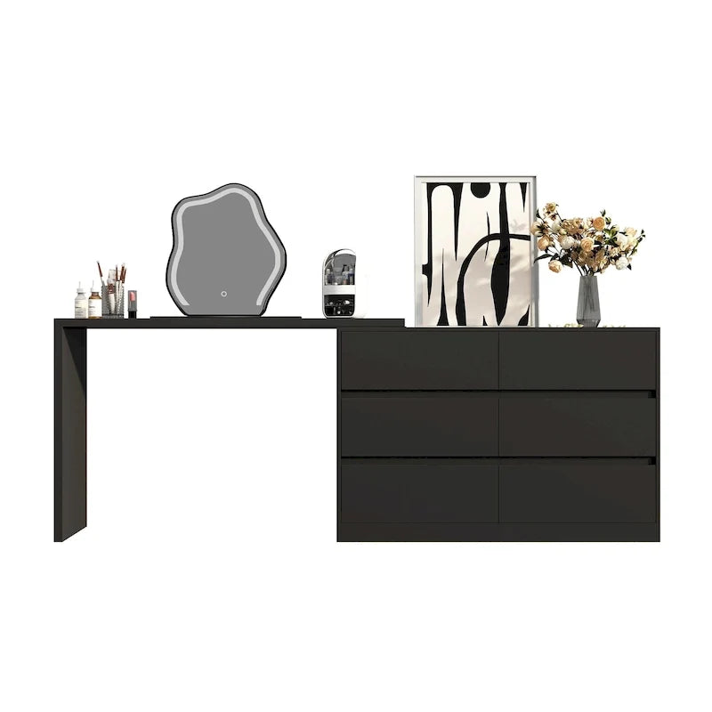 Cassettiera e Scrivania Girevole a 32,7H, con 6 Cassetti, Tavolo da Trucco, Bianco/Nero