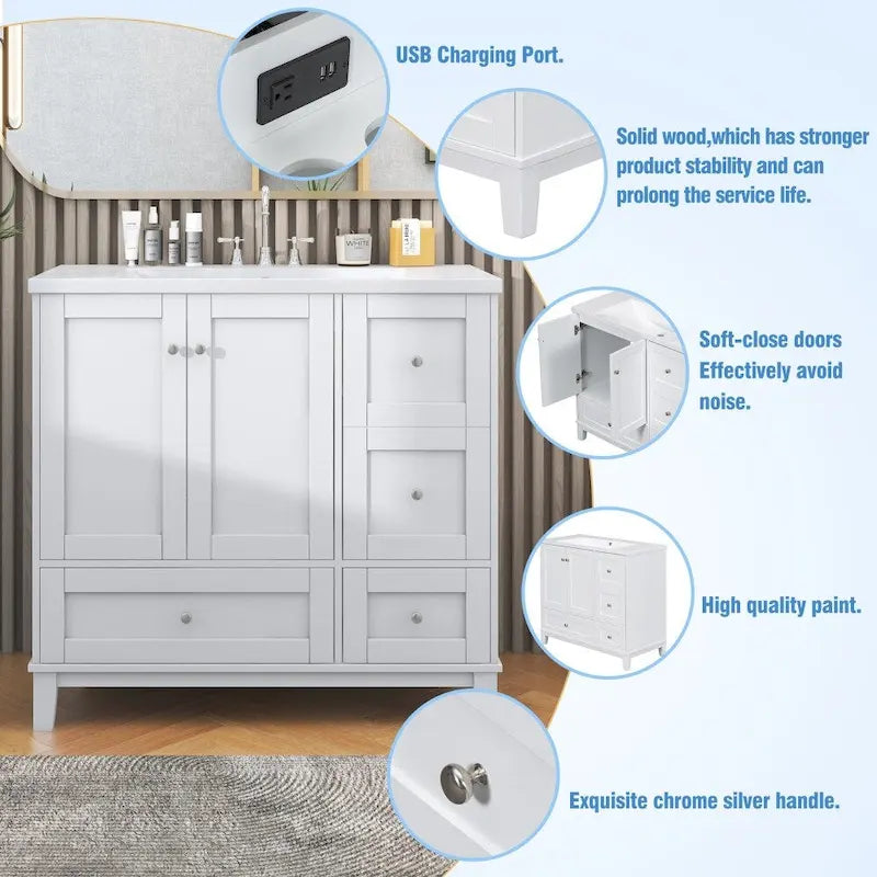 Mobile bagno da 36 pollici con ricarica USB, lavabo in resina, telaio in legno massello, 3 cassetti contenitori